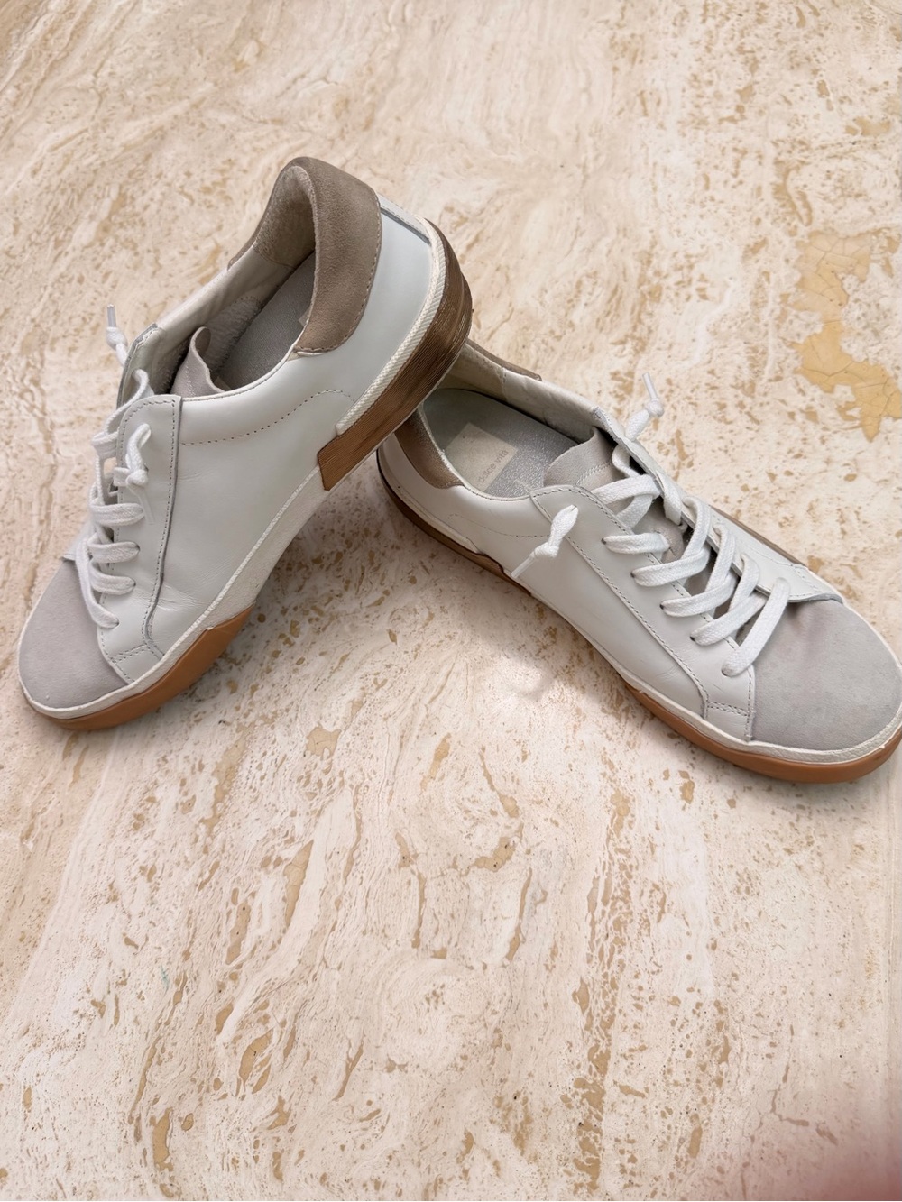 Dolce Vita White Sneakers with Tan and Gold Accents Size 8